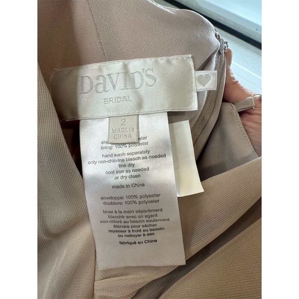 David's Bridal Spaghetti Strap Ruched Waist Mesh Dress Biscotti Size 2 Gown - Picture 7 of 16